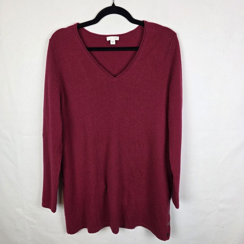 J Jill Sweater Womens Medium Red Wool/Cashmere V-Neck Button Detail Long Sleeve